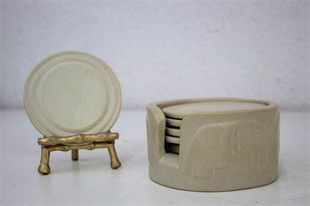 Hand Carved Stone Elephant Decorated Caddy And Coasters - Made Kenya