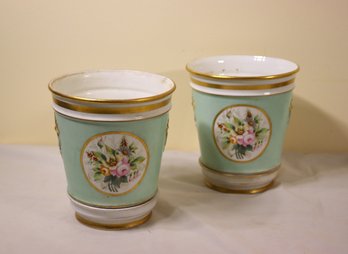 Two Portuguese Pottery White, Teal And Gold Planters