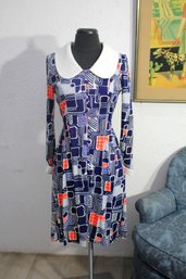 Chic Vintage Geometric Print Dress With Peter Pan Collar -size Small