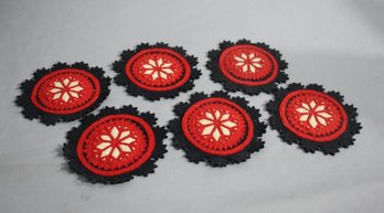 Group Lot Of 6 Crocheted Red On Black  Coasters