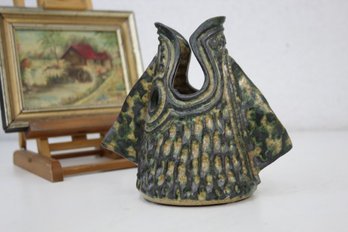 Vintage Icelandic Pottery Fish God Head Vase, Artisan Initialed And Dated On Bottom