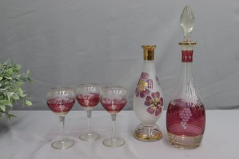 Vintage Bohemian Enamel Painted Glass Decanter W/Etched Grapes W/Gold Trim And 3 Glasses