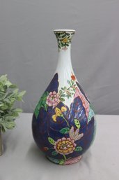 Vintage Chinese Porcelain Floral On Blue Ground Enameled Amsarant Vase