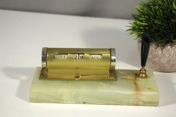 Mid-Century Genuine Onyx & Brass Perpetual Calendar & Pen Holder