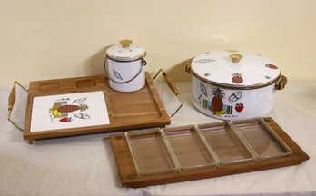 Vintage George Briard Serving Trays And Ambrosia Enamel Kettle & Lid And Lidded Canister