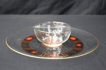 Signed 'Toscany' Glass Serving Plate And Bowl With Red And Black Floral Detailing