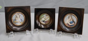 Three Vintage Hand-painted Watteau-style Porcelain Cameos In Sunken Round Wood Frames