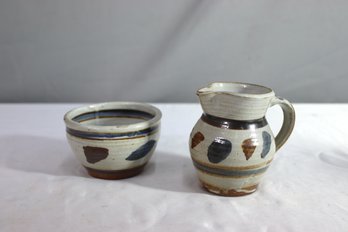 Wheel Thrown Glazed Earthenware Sugar Bowl And Cream Pitcher