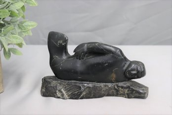 Inuit Transformation Figurine Hand Carved Black Soapstone  By Willie Kvananac. 1982