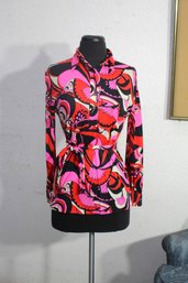 Vibrant Yoanna Vintage Long Sleeve Top In Bold Pink & Black Floral Pattern, Size Small