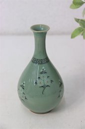 Vintage Celadon Crackle Glaze Vase Set With White Flowers