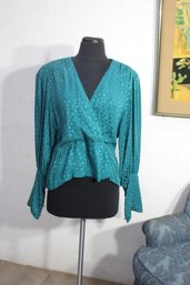 Vintage 80s Turquoise Polka Dot Blouse With Unique Sleeve Buttons - Size S/M