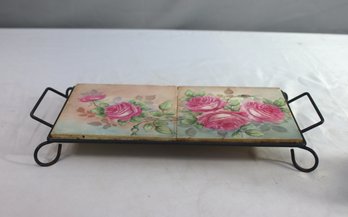 Vintage Scrolled Wrought Iron Tray With Two Rose Decorated Ceramic Tiles