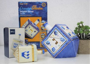 Chanukah Celebration Ceramic Pair:  Ceramic Dreydel Server And Mikasa Dreydel Hinged Box