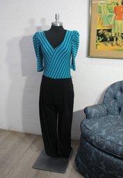 Vintage Teal Striped One-Piece Pantsuit - Unique 80s Fashion-size Small