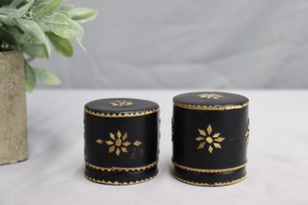 Outside Black Lacquered, Inside Red Lacquered Bamboo Betel Nut 'drum' Containers