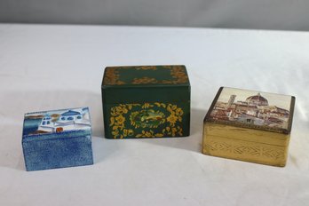 Group Lot Of 3 Paint Decorated Small Wooden Boxes