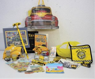 NY Taxi And Yellow Cab Tchotchke Group Lot: Pens, Pencils, Golf Balls, Shot Glasses, Taxi Tales And More