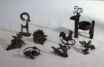 Group Lot Of 8 Metal Animal & Foliage Napkin Rings, Votive Holder, & Figurines