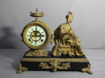 Antique Gilded Bronze Mantel Clock With Classical Figurine