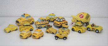 NY Yellow Taxi Ceramic Memorabilia  Group: Banks, Salt & Pepper Set,  Ornaments, And Other