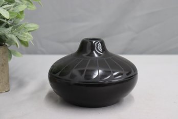 Vintage Native Pottery Black On Black Vase Signed - Adakai Navajo 9 Inches Tall