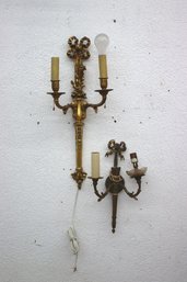 Two Vintage Baroque Style Brass Twin Light Candelabra Wall Sconce Fixtures