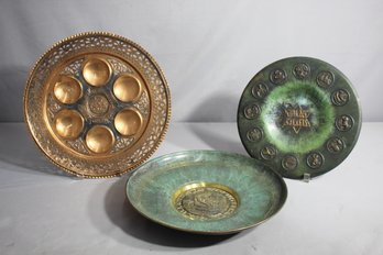 Trio Of Brass Metal Plates - Jerusalem Israeli Collection