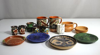 Assorted Lot Of Handcrafted Pottery  Plates, Mugs, Miniature Pitchers, And Bowls