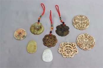 Group Lot Of 9 Green, White, Brown Jadeite Asian Carved Pendants And Medallions