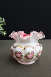 Vintage Fenton Charleton Style Hand Painted Flower Vase With Pinched Ruffled Edge