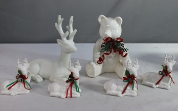 Group Lot Of Festive Christmas Holiday Table Decor Figurines - 5 Reindeer And 1 Bear