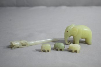 Group Lot Of Green Onyx Carved Elephants And A Flower Stem Figurines