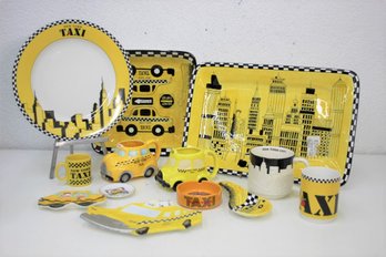 Grouping Of NY Yellow Taxi Theme Ceramic Trays, Mugs, Ash Tray And Other