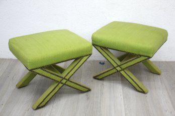 Pair Of  Green Upholstered X Benches Nailhead