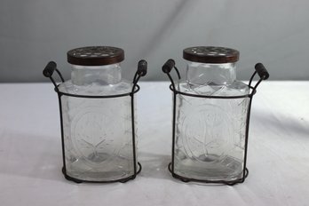 Two Vintage Glass Flower Vases With Metal Frog Lids