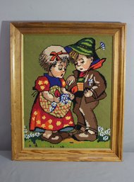 Framed Vintage Girl With Seed Bag And Boy Needlework Stitch Embroidery