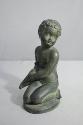 Spanish Amphora Pottery - Verdigris Finish Child With Dove Figurine