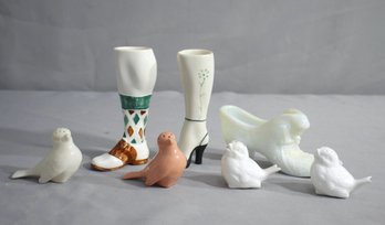 Group Lot Of China And Milk Glass Shoes And Boots With 2 Hammersley Salt & Pepper Sets