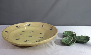 Vintage Bordallo Pinheiro Majolica Cabbage Leaf 3 Section Bowl & Large Cream Yellow Charger Bowl