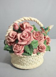 Vintage Large Rose Basket With Floating Hummingbird Music Box