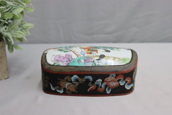 Qing Dynasty  Style Porcelain Shard Set Into A Hand-Painted Lacquer Box