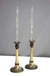 Pair Of Vintage Rickenbach Einsiedeln Brass  Enamel Painted Floral Candlesticks