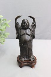 Laughing  Bronze Buddha Statuette On Wood Base