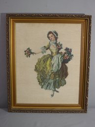 Vintage Framed Handmade Victorian Lady With Flowers Needlepoint