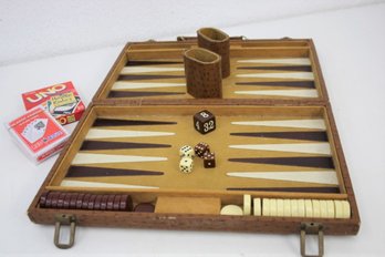 Vintage Backgammon Set With Faux Ostrich Leather Case Plus 1 UNO Set & 1 Deck Of Red-N-Blue Playing Cards