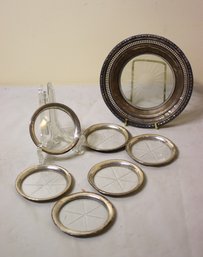 6 Silver Rimed Coasters And 1 Silver Rimed Dish