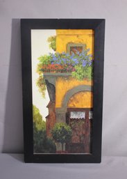 Sunlit Archway: Original Hand-Painted Oil Of Floral Embellished Building