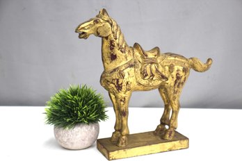 Wooden Horse Gold And Maroon Distressed Statue On Base-damage To One Ear