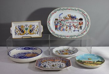 Group Lot Of 6 Hand-painted Italian And Portuguese Trays & Decorative Wall Plates